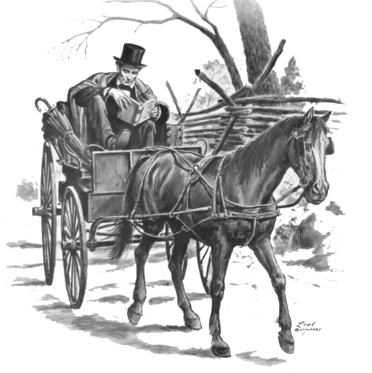 Lincoln traveling in his bucketboard buggy C. 1845. Illustration by Lloyd Ostendorf. Courtesy of The Lincoln Picture Studio